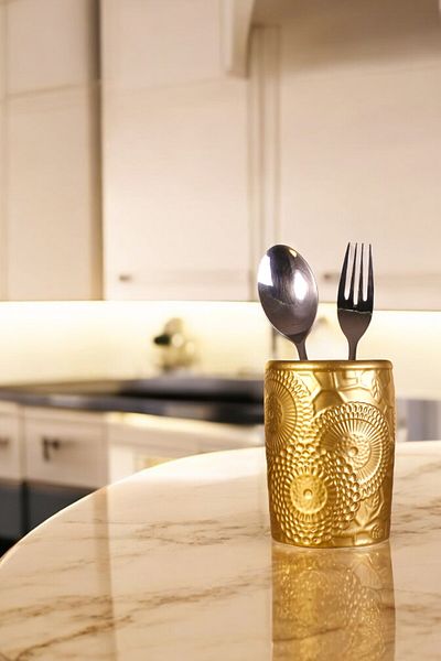 Evene Decorative Upright Spoon Holder - Gold Color, Counter Top and Cylinder Model 12