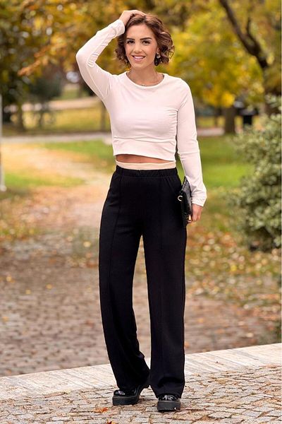 Nevin Kaya Moda Παντελόνι Modal Fabric σε μαύρο χρώμα με γαρνιτούρα στη μέση