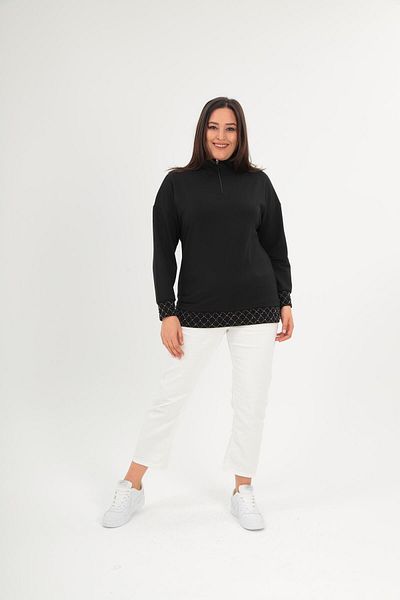 Ebsumu Plus Size Half Turtleneck Zip-Up Geometric Stone Detail Black Sweatshirt