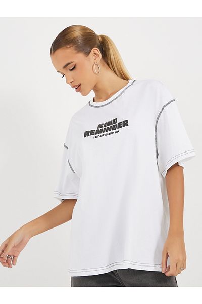 Styli Oversized Slogan Print Round Neck T-Shirt with Contrast Stitch
