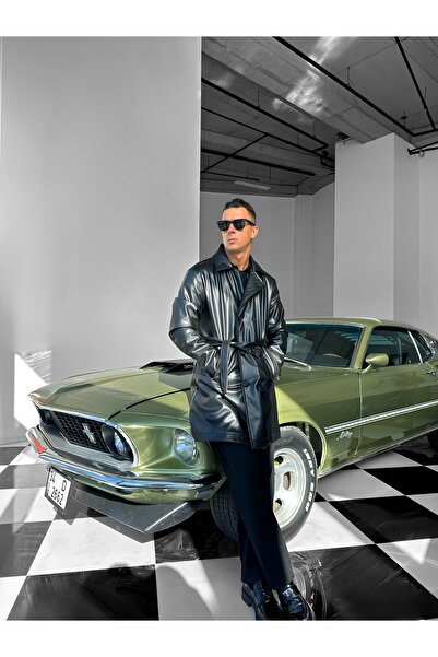 ablukaonline Чоловічий шкіряний тренчкот чорний з поясом, slim fit