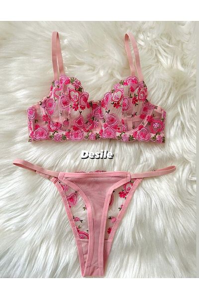 DESİLE VALENTINE'S LOVE Set de sutien brode cu inimă roz și cu sârmă - Special de Ziua Îndrăgostiților