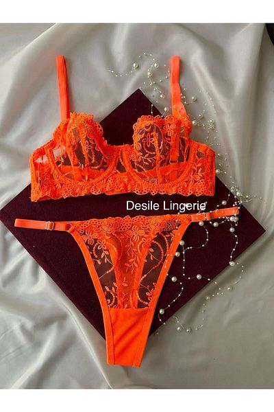 CES'Y LİNGERİE Set sutien cu broderie elegant - culoare neon portocaliu brodat și cu sârmă