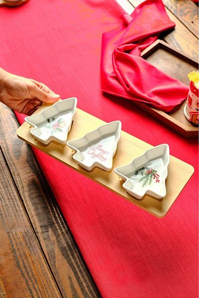 Karaca New Year Christmas Bamboo Snack Pine Tree 3-Piece Snack Bowl