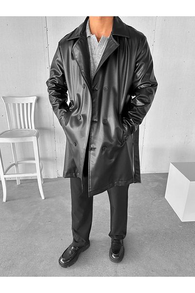 ablukaonline Men's Slim Fit Belted Leather Trench Coat Black