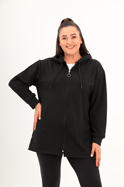 Ebsumu Plus Size Black Hooded Long Zip Sweatshirt |   Stone Embroidered Detailed