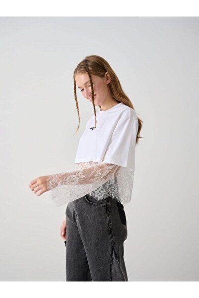 Zekids Bluză dublă din dantelă cu detaliu din tul pentru fete