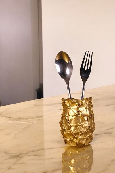 Evene Decorative Upright Spoon Holder - Gold Color, Counter Top and Cylinder Model 16