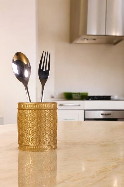 Evene Gold Color Decorative Cutlery Holder - Counter Top Cylinder Model 4