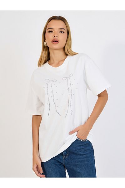 Styli Oversized Bow Print Longline T-Shirtâ€‹