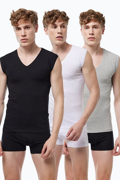 Malabadi Men's Black White Gray 3-Pack V-Neck Non-Marking Modal Sleeveless Undershirt 064