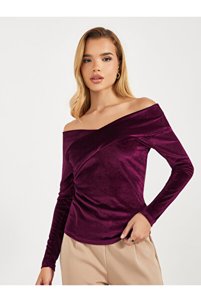 Styli بلوزة مخملية محبوكة بفتحة رقبة مكشوفة الأكتاف
