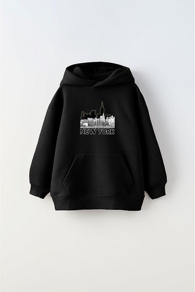 GIA - ART Черен унисекс детски суичър с качулка с полар отвътре New York Text Printed