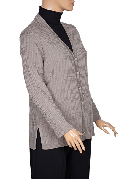 Hermevsim Hesna Nilay Women's Beige Stone Colored Knitwear Jacket - Pockets and Buttons