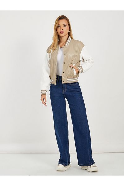 Styli Regular Fit Leather Look Varsity Bomber Jacket