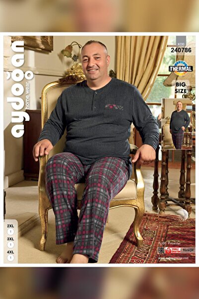 Aydoğan Large Size Men's Anthracite Winter Pajama Set - 0786