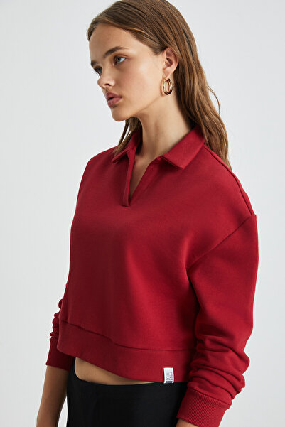 GRIMELANGE DEYSI Rotes Crop-Sweatshirt mit V-Ausschnitt und Zieretikett für Damen