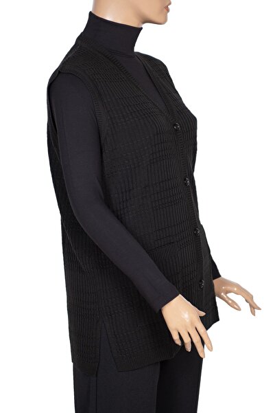 HESNA Women's Nazan Large Size Knitwear Buttoned Black Vest with Pockets
