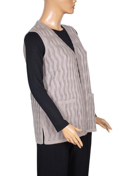 Hermevsim Жіночий бежевий трикотажний жилет Hesna - Gizem з ажурною обробкою та кишенями