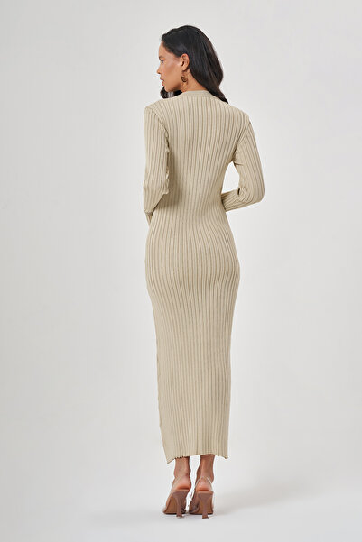Mizalle O-Neck Ribbed Beige Knitwear Dress