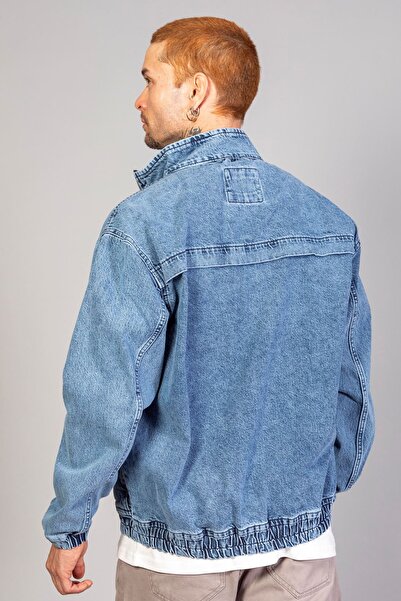 LTC Jeans Oversize Buz Mavi Yıkama Modelli Erkek Fermuarlı Bomber Kot Ceket