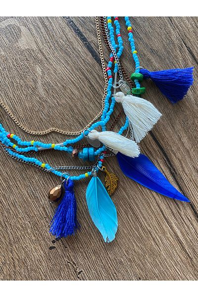 Store Bohemian Style Multi Layer Blue Feather and Beaded Women's Necklace
