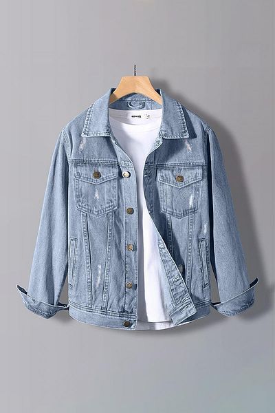 Edwox Ανδρικό τζιν μπουφάν με λεπτή εφαρμογή Ice Blue Striped Destroyed Edw012