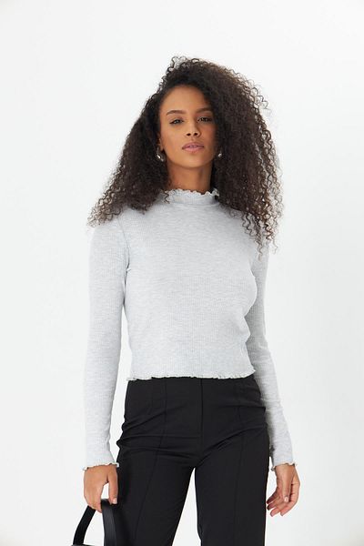 AMİDA Gray Half Turtleneck Baby Overlock Finish Detailed Ribbed Long Sleeve Women's Blouse- 2461
