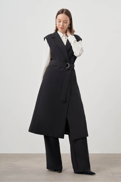 Mizalle Double Long Black Vest with Buckle