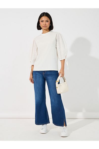 Styli Broderie Volume Sleeves Top with Tie Cuff Detail