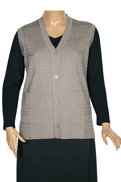 HESNA Large Size Nazan Knitwear Vest - Sand Beige with Buttons and Pockets