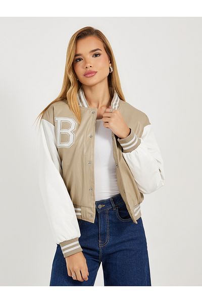 Styli Regular Fit Leather Look Varsity Bomber Jacket