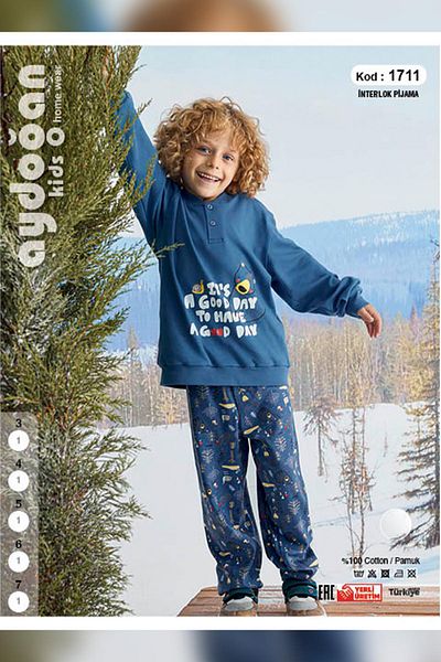 Aydoğan Set pijama albastru interlock 100% bumbac pentru baieti A8-2 -1711 - Aydogan ®