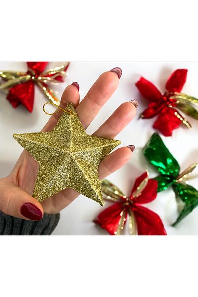 Partifabrik New Year's Themed Glittery Star Tree Ornament 4 Pack 10 cm Size