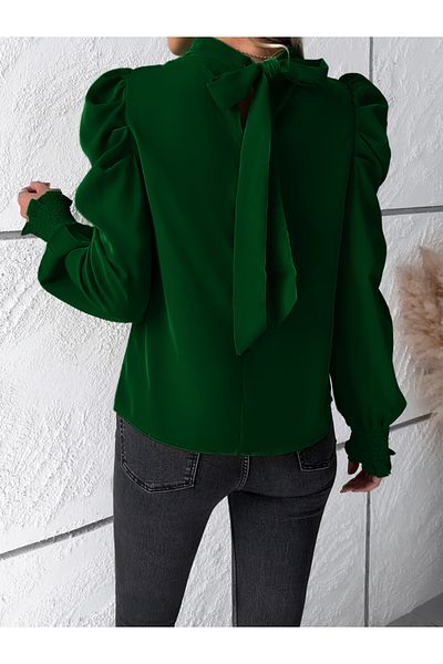 DY By Styli Smocking Puff Sleeves Tie Back Detail Blouse