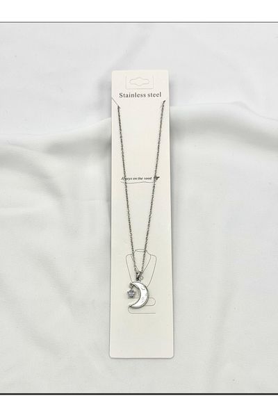 Stoneday Stainless Steel Silver Moon Star Stone Necklace