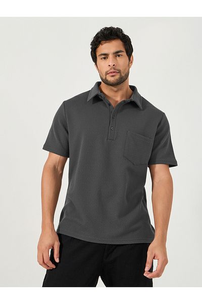 Styli Premium Chevron Textured Knit Half Placket Relaxed Polo