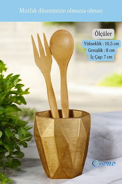 Evene Gold Color Decorative Cutlery Holder - Counter Top Cylinder Model 2