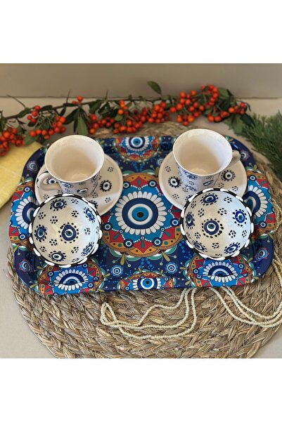 Den Tasarım Hediyelik عين الشر مطرزة بالخرز 2 قطعة فنجان القهوة - حامل القهوة - صينية / مجموعة من 5