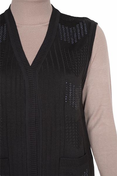 HESNA Women's Nida Shoulder Pocket Stoned Corded Knitwear Black Vest