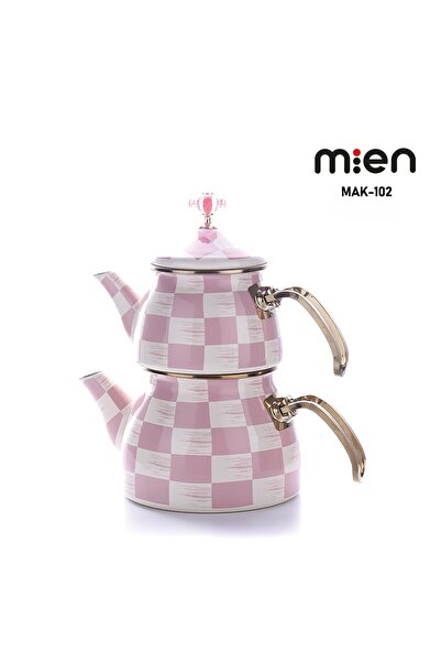 MİEN Mien Pink Checkers Decor Enameled Teapot Set