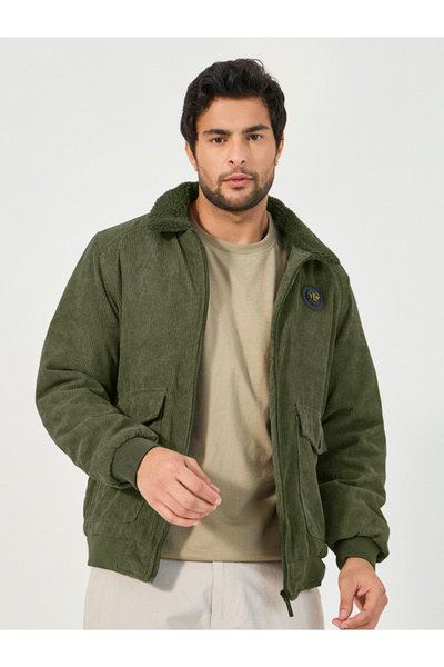 Styli Faux Fur Collar Corduroy Utility Jacket