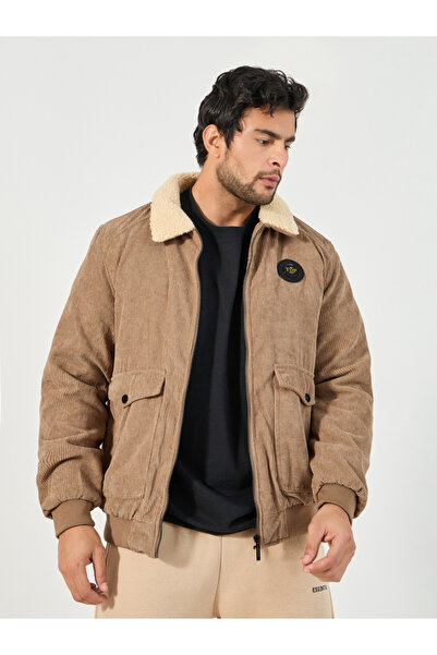 Styli Faux Fur Collar Corduroy Utility Jacket
