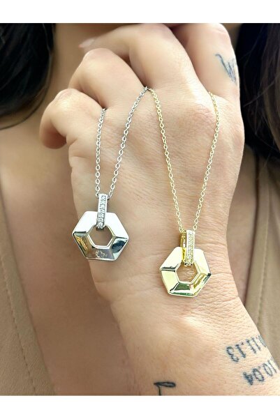 MyladyAccessoriess Hexagonal Steel Necklace Silver with Zirconia