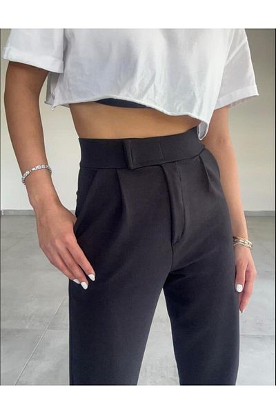 Serbella Black Crepe Fabric Velcro Closure Pleated Lycra Pocket Detail Palazzo Pants