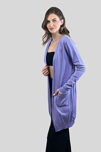 Miss Poem Kadın Tesettür Çift Cepli Uzun Basic Lila Triko Hırka