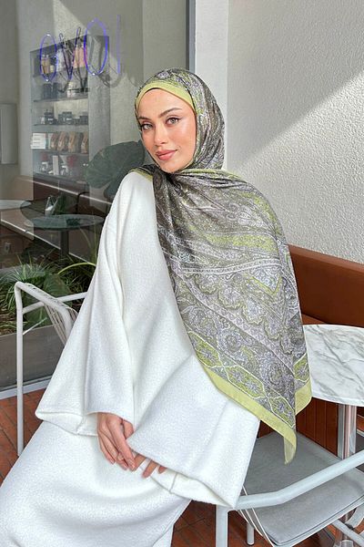lamelif.com Βαμβακερό σάλι με ρετρό σχέδιο - Oil Green