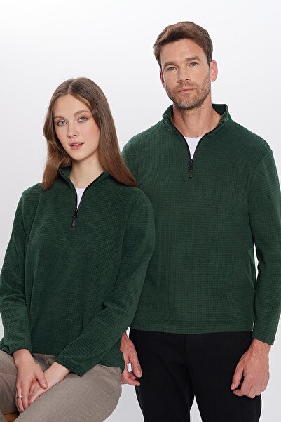 Tudors Unisex Standart Fit Rahat Kesim Tüylenme Yapmayan Soğuk Geçirmez Dik Yaka Haki Polar Sweatshirt