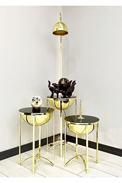 evdeniste Lale Gold 3 Sehpalı Lambader Takımı