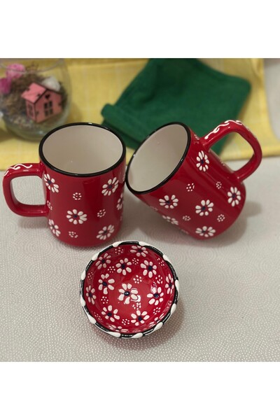 Den Tasarım Hediyelik Mother's Day Special Red Daisy Embroidered Set of 2 Tea Coffee Mug and 1 Red Turkish Delight Bowl